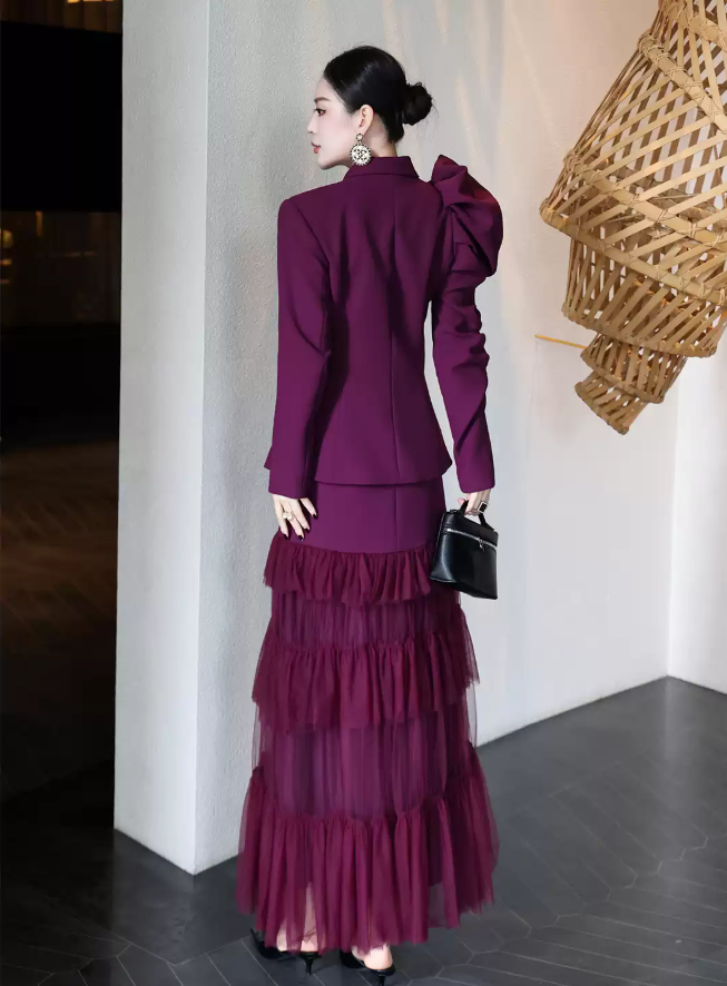 2027 Spring/Fall Trendy Women's Business Co-ord Set — Design-Led Blazer with Flowing Long Tulle Skirt, Elegant Two-Piece Office Suit