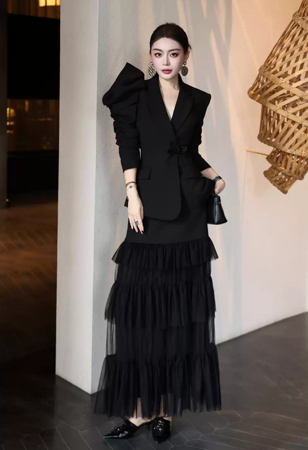 2027 New Arrival Women's Chic Business Ensemble — Unique Tailored Jacket & Graceful Long Chiffon Skirt, Refined Two-Piece Workwear Set