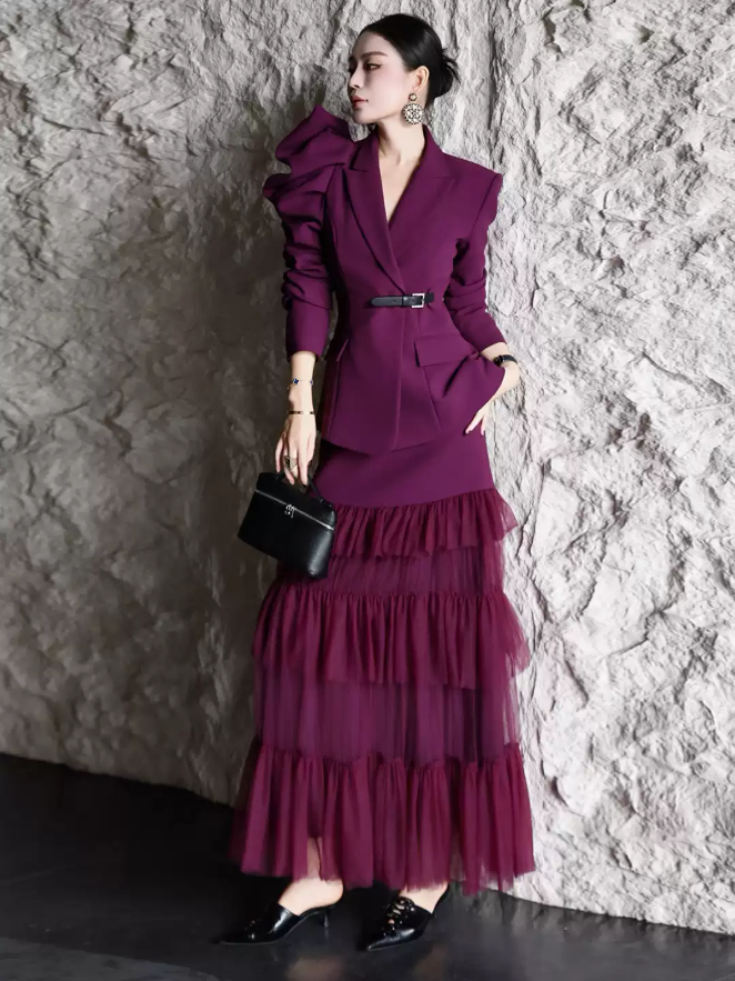 2027 Spring/Fall Trendy Women's Business Co-ord Set — Design-Led Blazer with Flowing Long Tulle Skirt, Elegant Two-Piece Office Suit