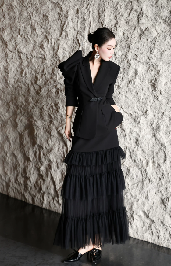2027 New Arrival Women's Chic Business Ensemble — Unique Tailored Jacket & Graceful Long Chiffon Skirt, Refined Two-Piece Workwear Set