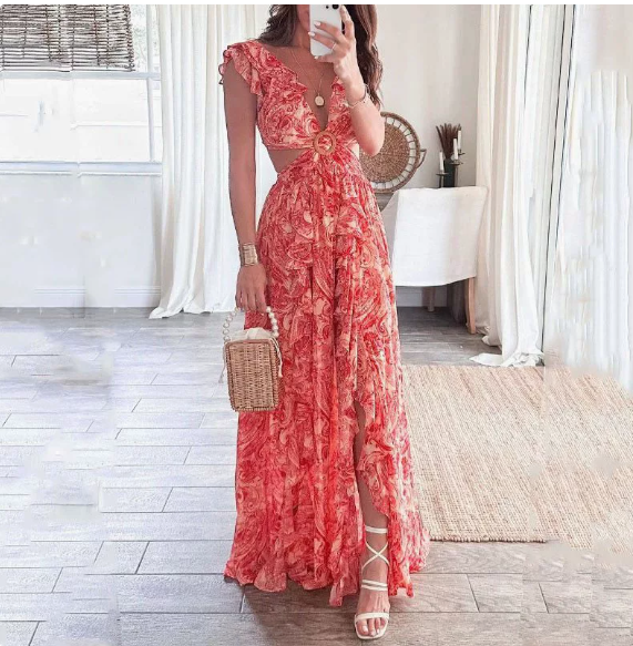 2026 Spring New Women's Clothing Cross-Border European and American Foreign Trade Fashion Printed V-Neck Ruffled Slit Dress